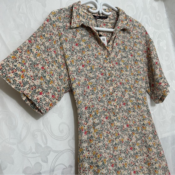 NWT ZARA Vintage Cream Floral Motif Short Sleeved Summer Midi Bodycon Dress - Picture 7 of 10
